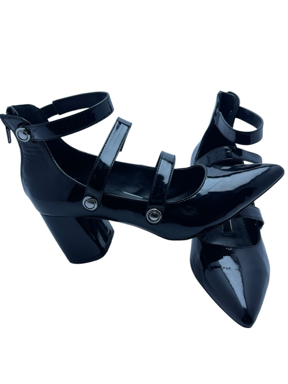 Kensie Black Patent Triple-Strap Block Heel Pumps